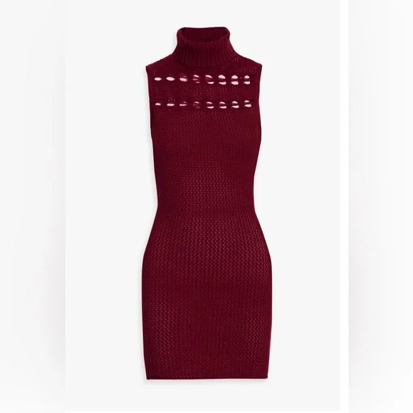 The Elder Statesman Open Knit Sheer Cashmere Turtleneck Mini Dress Burgundy NWT